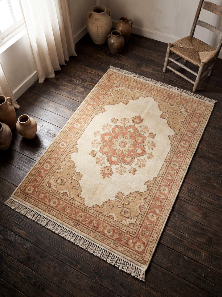 Translation missing: es.Hand Knotted Oushak Wool Rug with ivory and terracotta floral medallion in vintage style