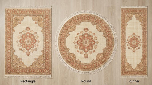 Translation missing: es.Hand knotted Oushak wool rug with ivory field and terracotta floral medallion, vintage style area rug for living room or bedroom