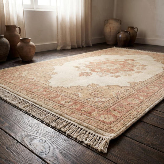 Translation missing: es.Hand Knotted Oushak Wool Rug with ivory and terracotta floral medallion design in vintage style