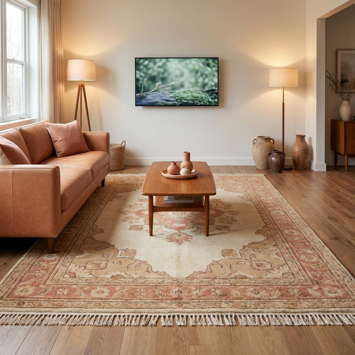 Translation missing: en.Hand Knotted Oushak Wool Rug with ivory and terracotta floral medallion design