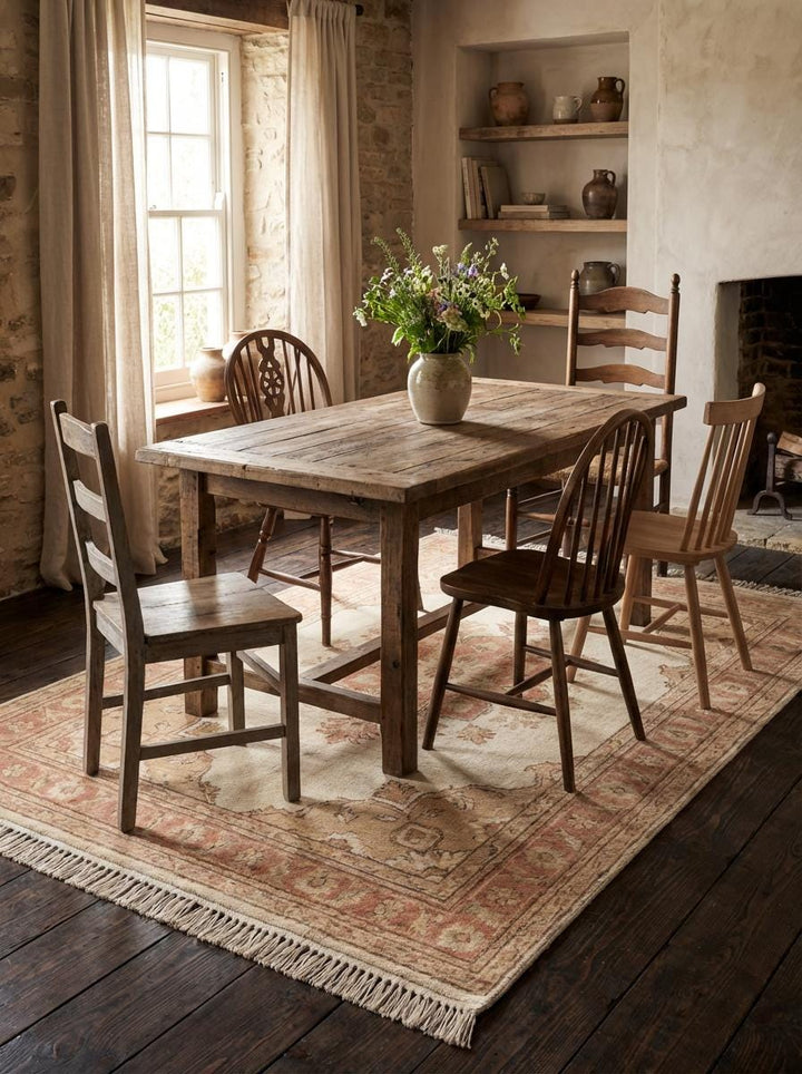 Translation missing: en.Hand knotted Oushak wool rug with ivory and terracotta floral medallion in vintage style