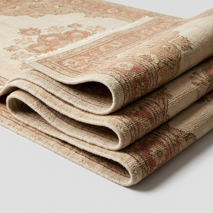 Translation missing: en.Hand Knotted Oushak Wool Rug with ivory and terracotta floral medallion design