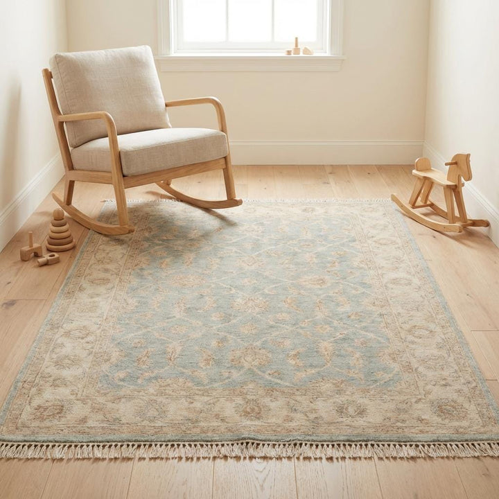 Translation missing: en.Light blue hand knotted living room rug with classic Oushak pattern and soft distressed finish