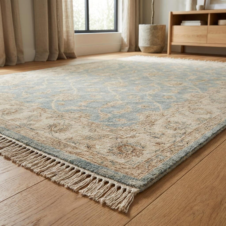 Translation missing: en.Hand Knotted Oushak Wool Rug – Light Blue Beige Vintage Floral Area Rug for Living Room, Neutral Turkish Style Carpet