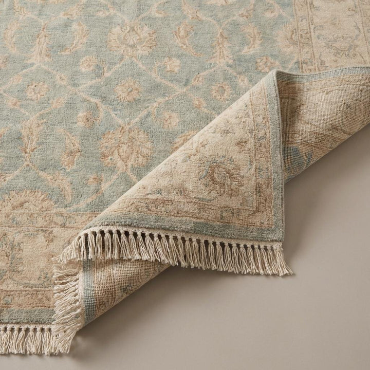Translation missing: en.Hand Knotted Oushak Wool Rug – Light Blue Beige Vintage Floral Area Rug for Living Room, Neutral Turkish Style Carpet