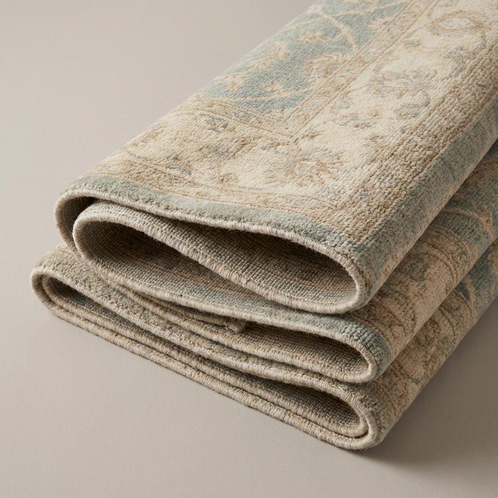 Translation missing: en.Hand Knotted Oushak Wool Rug – Light Blue Beige Vintage Floral Area Rug for Living Room, Neutral Turkish Style Carpet