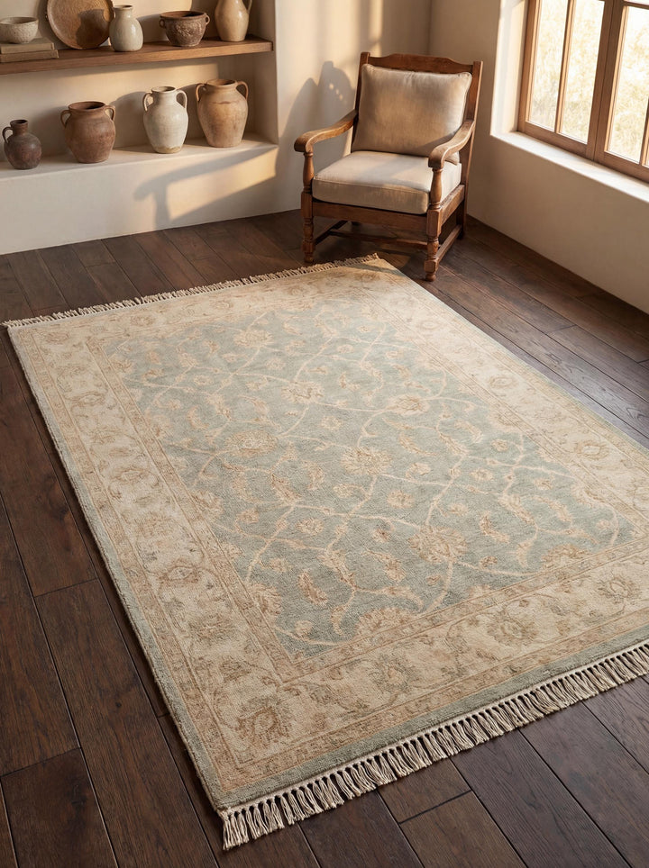 Translation missing: es.Hand Knotted Oushak Wool Rug in light blue and beige with vintage floral design and Turkish craftsmanship