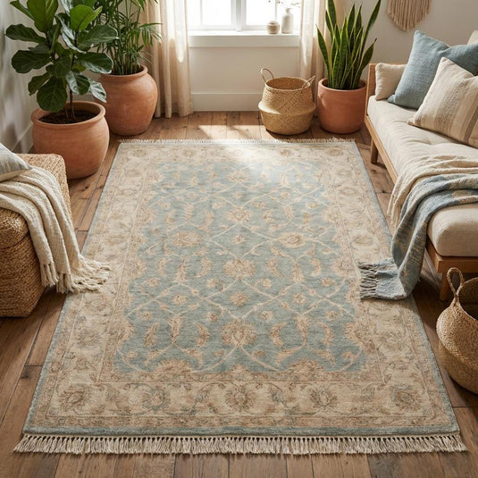 Translation missing: es.Neutral Turkish style hand knotted wool carpet with beige border and faded blue center