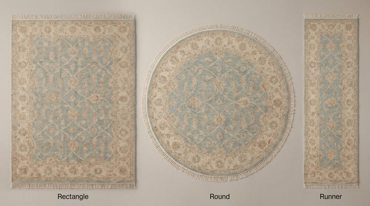 Translation missing: en.Hand Knotted Oushak Wool Rug – Light Blue Beige Vintage Floral Area Rug for Living Room, Neutral Turkish Style Carpet
