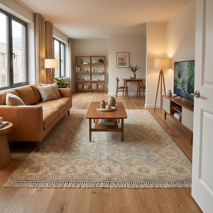 Translation missing: en.Hand Knotted Oushak Wool Rug – Light Blue Beige Vintage Floral Area Rug for Living Room, Neutral Turkish Style Carpet