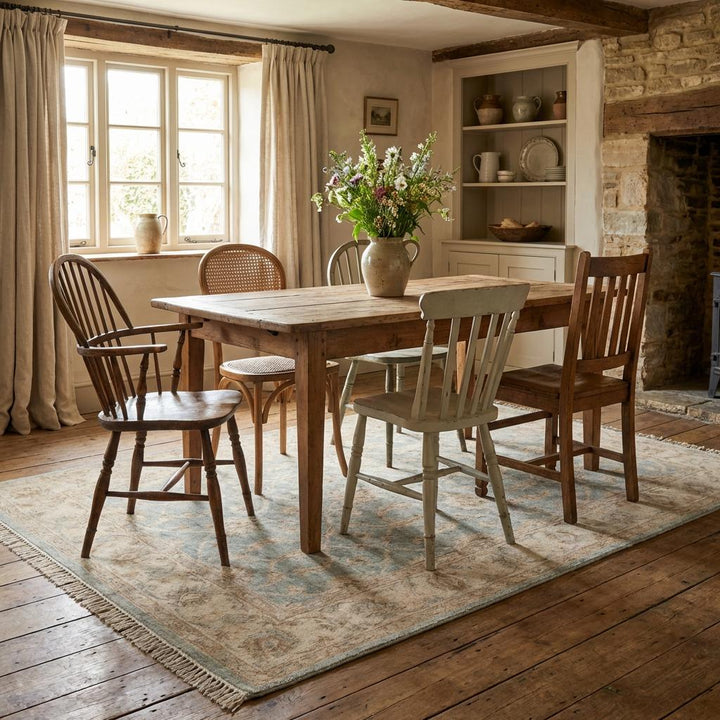 Translation missing: en.Hand Knotted Oushak Wool Rug – Light Blue Beige Vintage Floral Area Rug for Living Room, Neutral Turkish Style Carpet