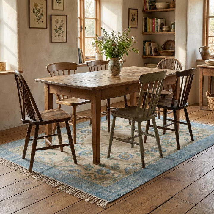 Translation missing: es.Hand Knotted Oushak Wool Rug – Light Blue Floral Medallion Area Rug, Ivory Turkish Style Living Room Carpet