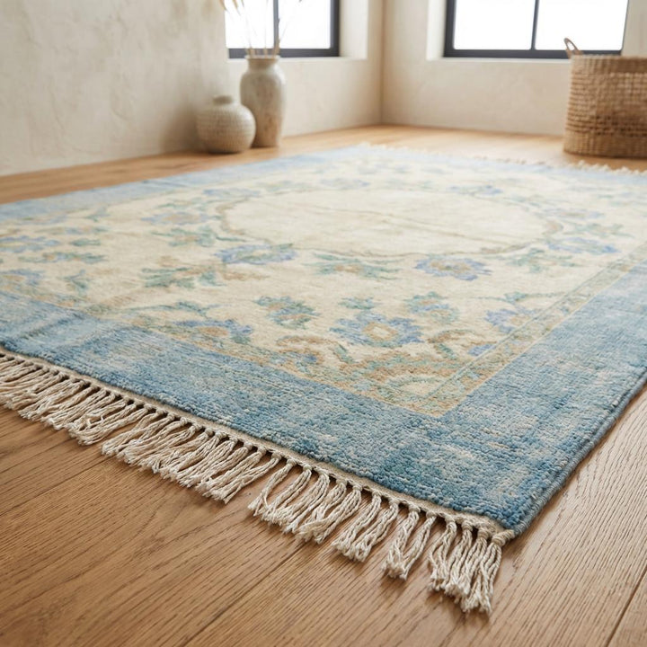 Translation missing: es.Hand Knotted Oushak Wool Rug – Light Blue Floral Medallion Area Rug, Ivory Turkish Style Living Room Carpet