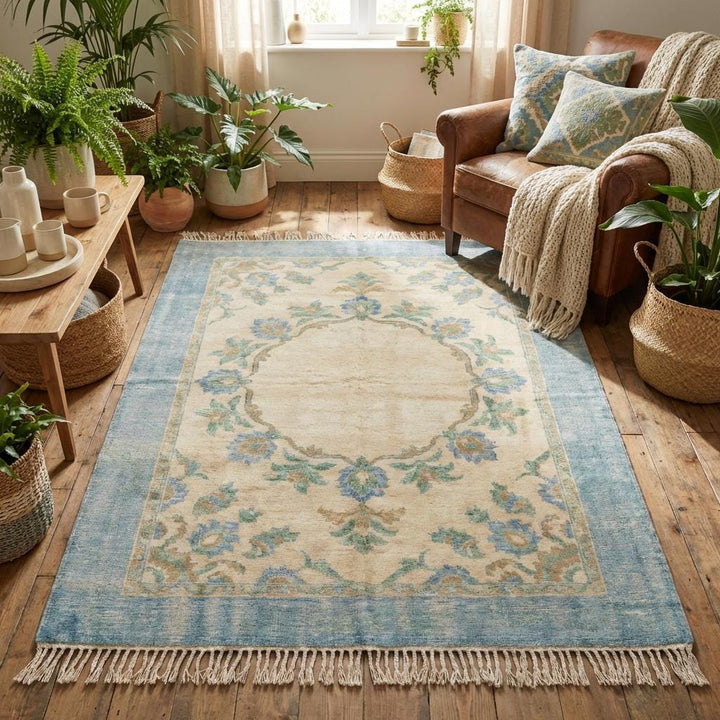 Translation missing: es.Light blue floral medallion rug layered on natural wood flooring in coastal interior setting
