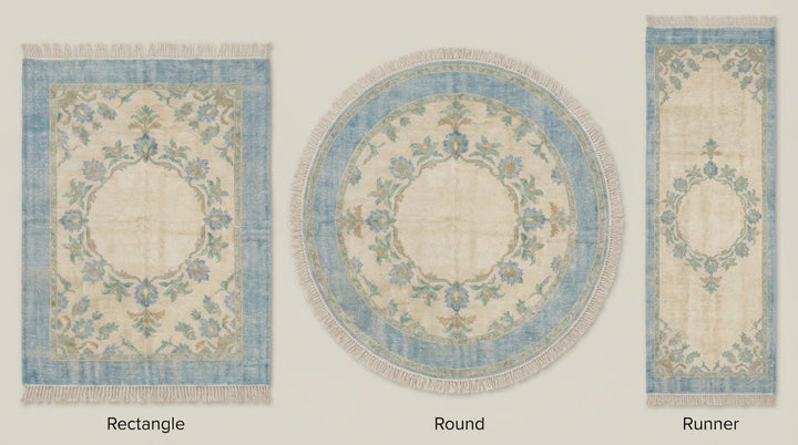 Translation missing: es.Hand Knotted Oushak Wool Rug – Light Blue Floral Medallion Area Rug, Ivory Turkish Style Living Room Carpet