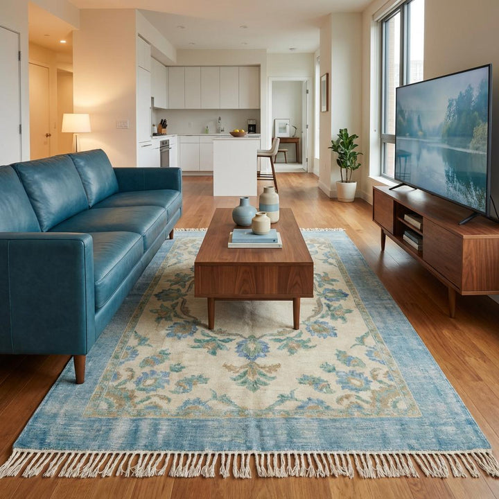 Translation missing: es.Luxury transitional Oushak style rug with ivory center and pastel blue frame