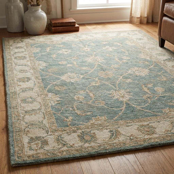 Translation missing: en.Hand Knotted Oushak Wool Rug Sage Green Floral Area Rug