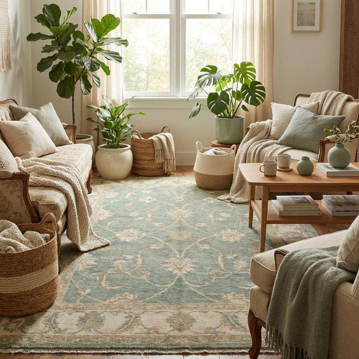 Translation missing: en.Neutral hand knotted rug styled in living room with wooden flooring