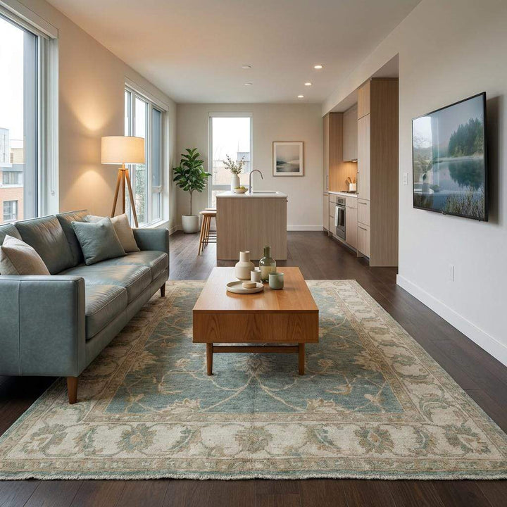 Translation missing: en.Authentic wool Oushak rug featuring soft abrash and classic border design