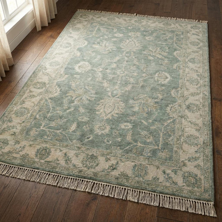 Translation missing: en.Hand Knotted Oushak Wool Rug Sage Green Vintage Floral Area Rug 8x10 9x12 Traditional Persian Style Living Room Carpet