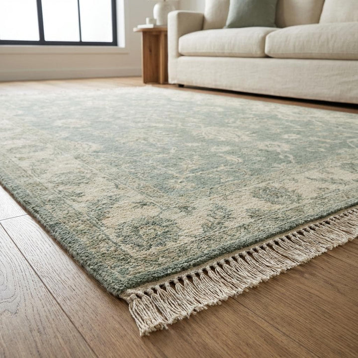 Translation missing: en.Hand Knotted Oushak Wool Rug Sage Green Vintage Floral Area Rug 8x10 9x12 Traditional Persian Style Living Room Carpet