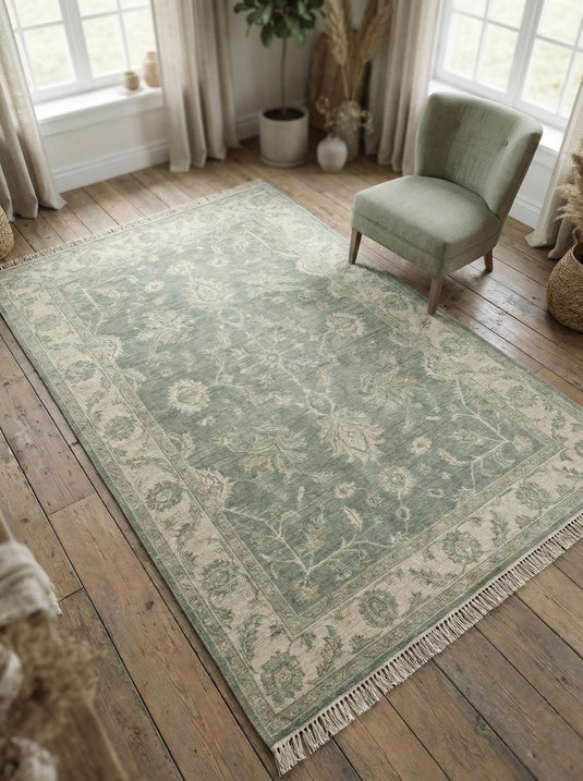 Translation missing: fr.Hand knotted Oushak wool rug with sage green vintage floral design and traditional Persian style