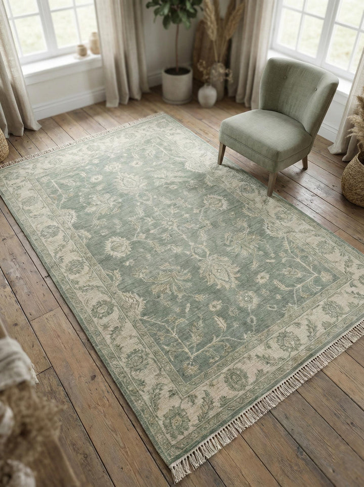 Translation missing: en.Hand knotted Oushak wool rug with sage green vintage floral design and traditional Persian style