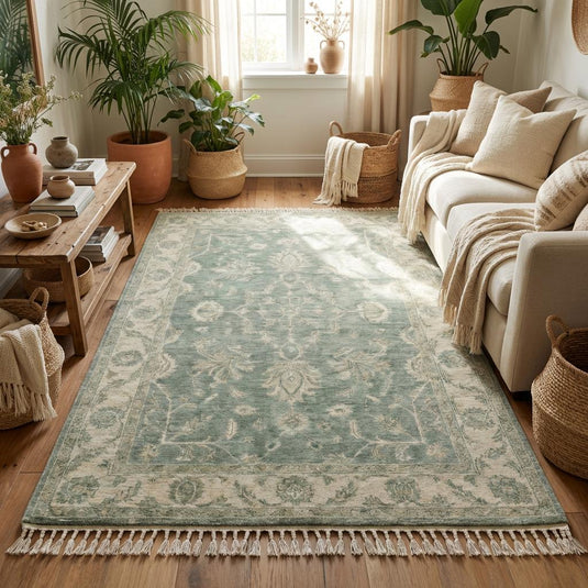Translation missing: fr.Vintage Persian inspired floral wool rug with faded ivory border and calming sage field for neutral interiors