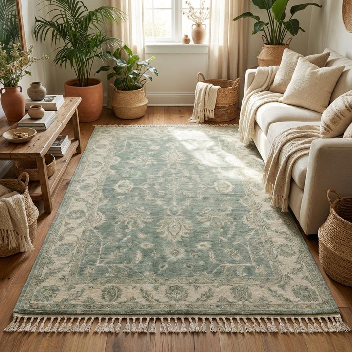 Translation missing: en.Vintage Persian inspired floral wool rug with faded ivory border and calming sage field for neutral interiors