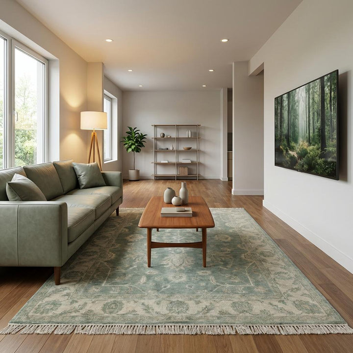 Translation missing: en.Hand Knotted Oushak Wool Rug Sage Green Vintage Floral Area Rug 8x10 9x12 Traditional Persian Style Living Room Carpet