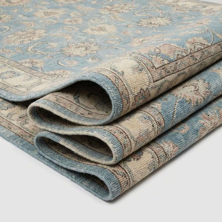 Translation missing: es.Hand Knotted Oushak Wool Rug, Soft Blue Floral Area Carpet