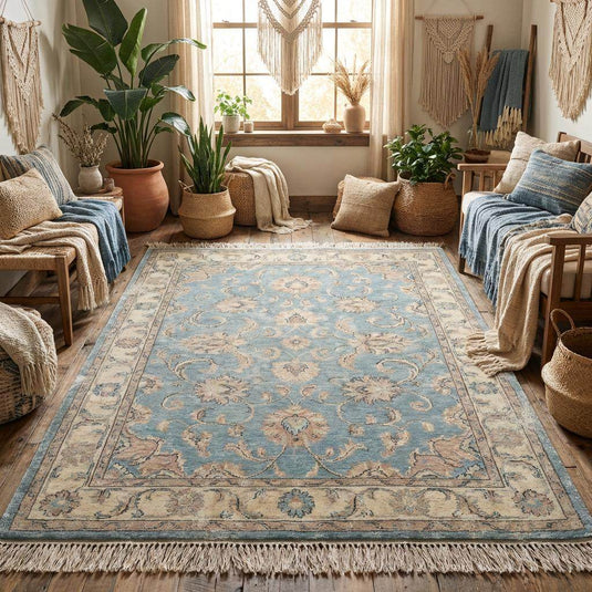 Translation missing: es.Handmade wool area rug with muted blue tones and classic Turkish floral design