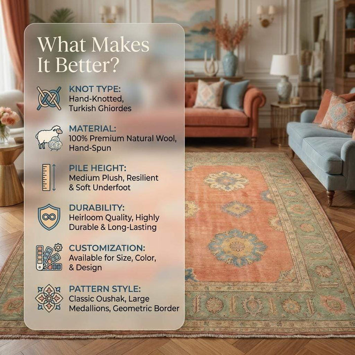 Translation missing: en.Hand Knotted Oushak Wool Rug Traditional Floral Area Rugs For living Room