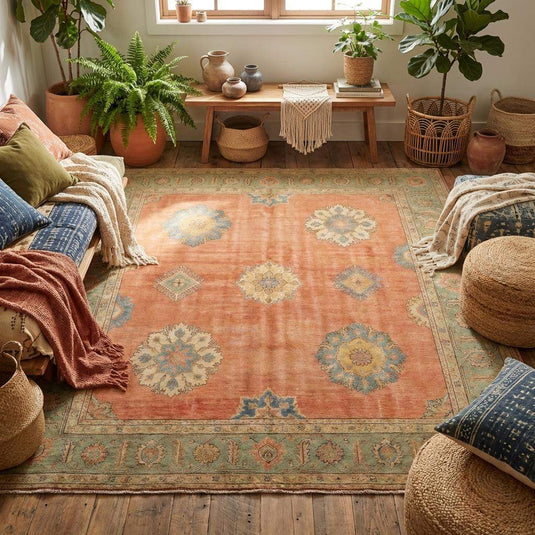 Translation missing: es.Traditional hand knotted wool rug styled in living room with warm wood flooring and classic décor