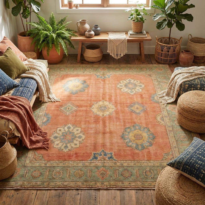 Translation missing: en.Traditional hand knotted wool rug styled in living room with warm wood flooring and classic décor
