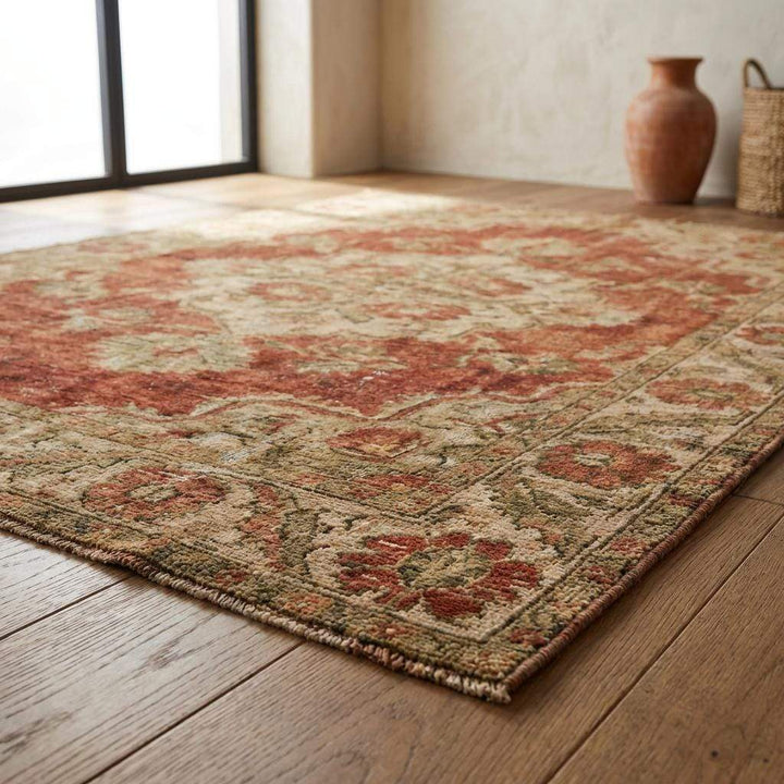 Translation missing: es.Hand Knotted Oushak Wool Rug Vintage Floral Terracotta Area Rug