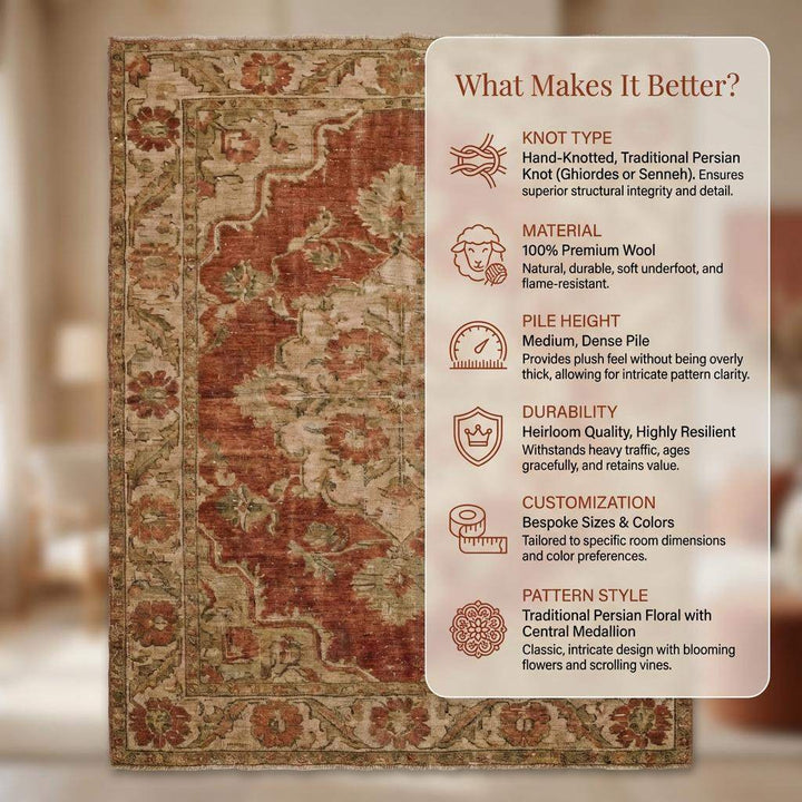Translation missing: es.Hand Knotted Oushak Wool Rug Vintage Floral Terracotta Area Rug