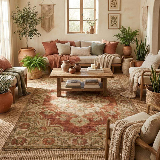 Translation missing: es.Traditional hand knotted wool rug styled in neutral living room interior