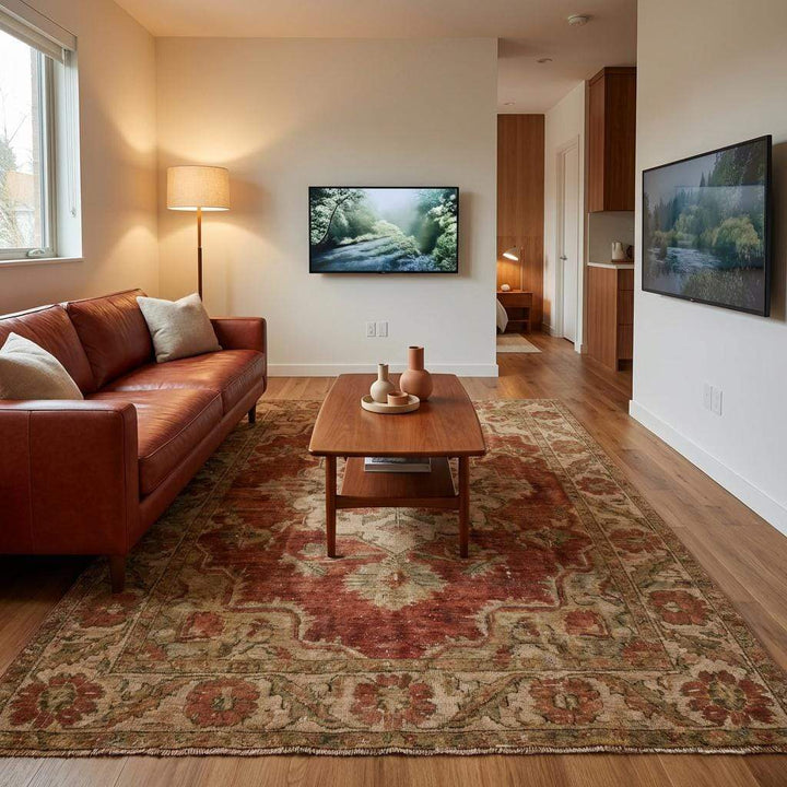 Translation missing: es.Terracotta and beige floral wool rug with classic Oushak border design