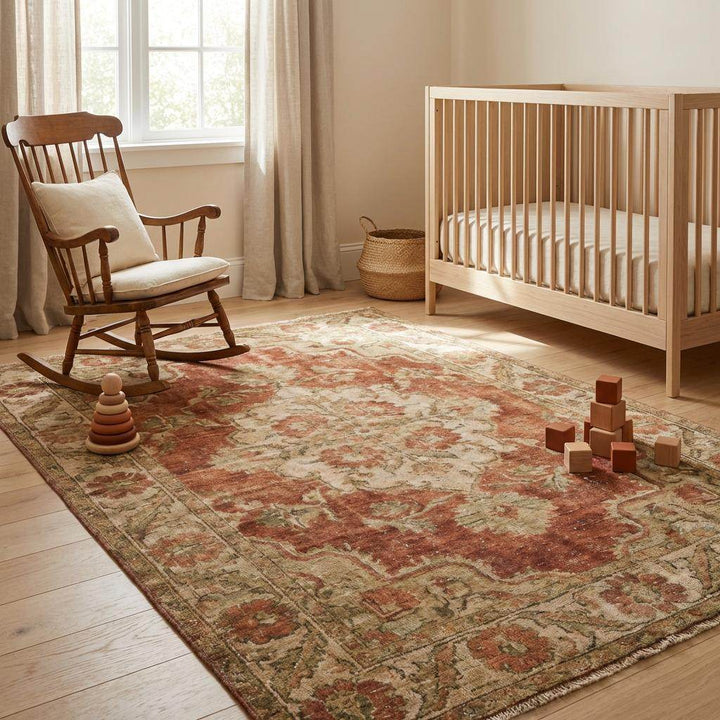 Translation missing: es.Hand Knotted Oushak Wool Rug Vintage Floral Terracotta Area Rug