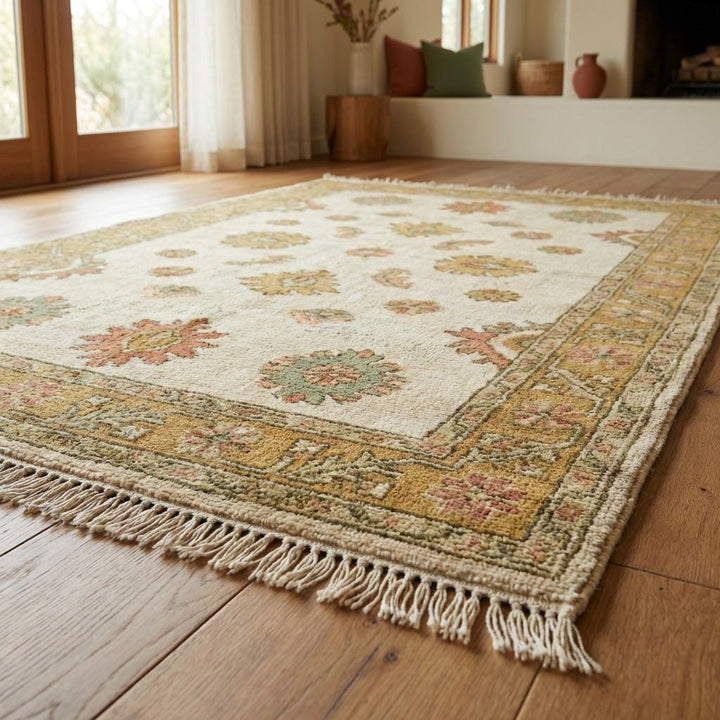 Translation missing: en.Hand Knotted Oushak Wool Rug, Vintage Style Floral Area Rug in Ivory Gold, Traditional Living Room Carpet