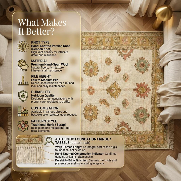 Translation missing: en.Hand Knotted Oushak Wool Rug, Vintage Style Floral Area Rug in Ivory Gold, Traditional Living Room Carpet