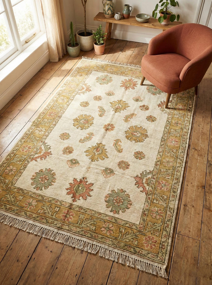 Translation missing: es.Hand knotted Oushak wool rug with ivory gold floral design for traditional living rooms