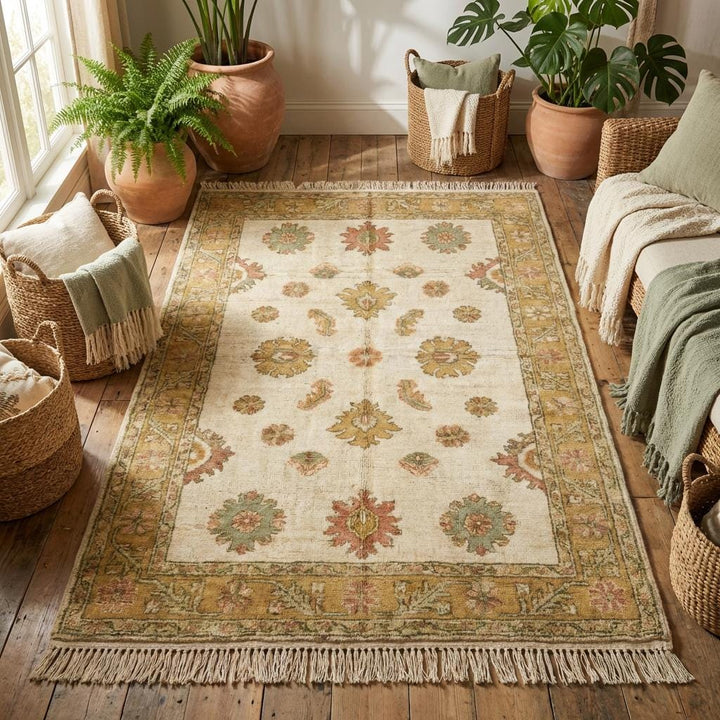 Translation missing: en.Traditional ivory and gold wool rug placed under accent chair in cozy living room with soft natural lighting
