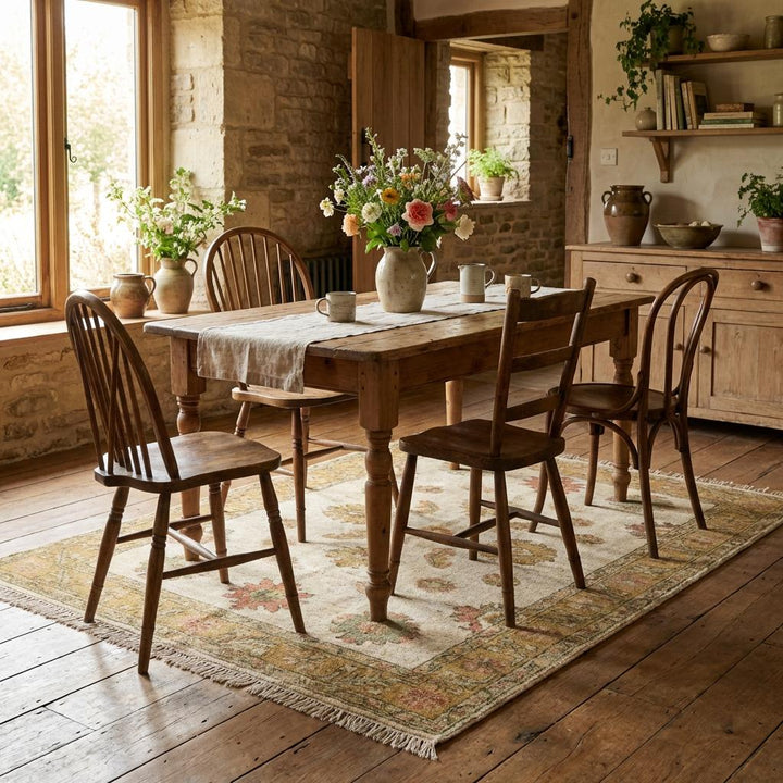 Translation missing: en.Muted floral hand knotted rug with sage green and rust accents designed for transitional and classic interiors