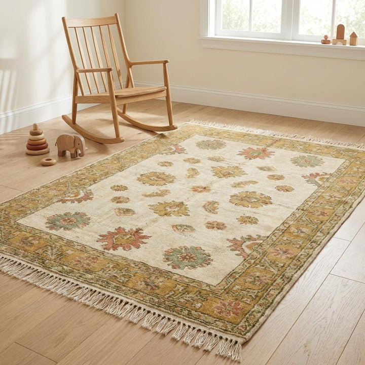 Translation missing: en.Artisan made wool Oushak carpet with decorative border and heirloom quality craftsmanship for elegant home décor