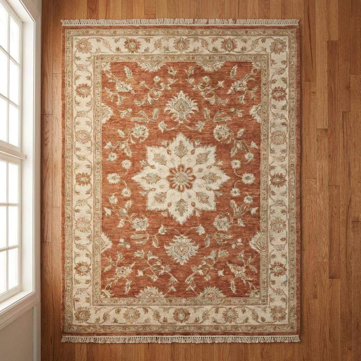 Translation missing: en.Rectangular hand knotted area rug with earthy colors and timeless floral design