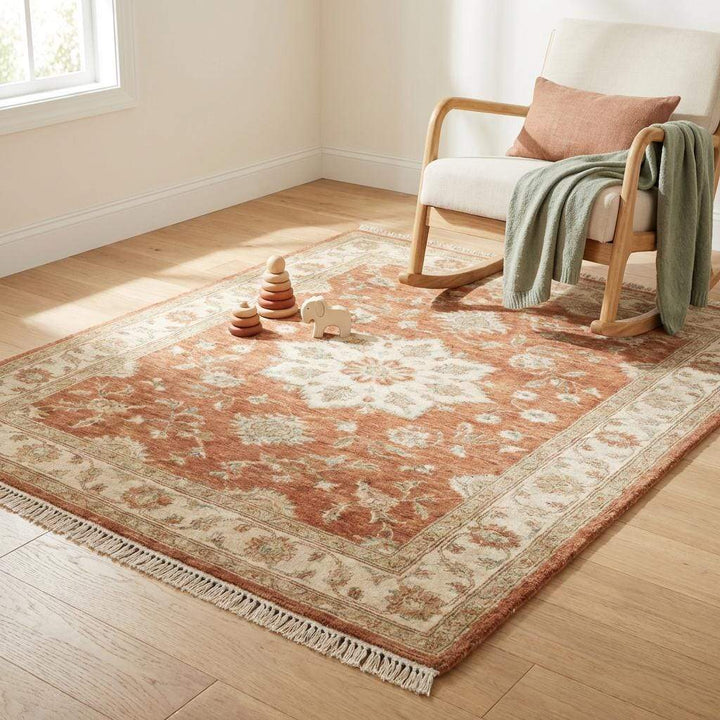 Translation missing: en.Hand Knotted Oushak Wool Rug with Floral Medallion for Living Room