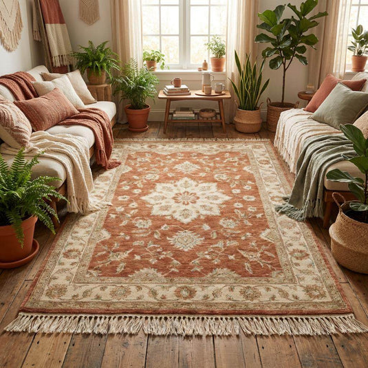 Translation missing: es.Traditional Oushak style rug with ivory floral border and soft antique finish