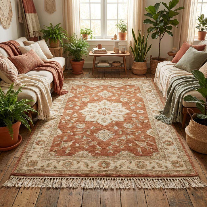 Translation missing: en.Traditional Oushak style rug with ivory floral border and soft antique finish